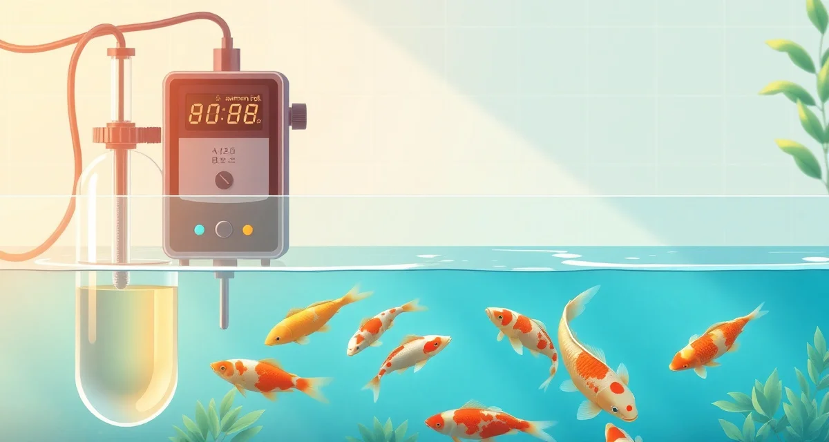 Real-time ammonia monitoring for koi pond health Digital ammonia tracking system for koi pond water quality monitoring with test results display and healthy fish