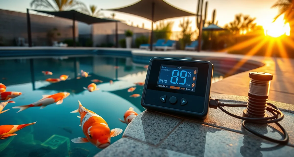 KoiQuanta water quality analytics for Arizona koi dealers Digital koi pond water quality monitoring system displaying real-time temperature and pH analytics for Arizona desert climate management