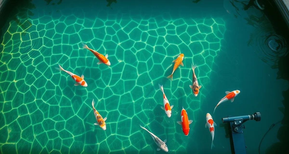 Professional koi pond quarantine and management setup Healthy koi fish in clear quarantine pond with water quality monitoring equipment for dealer operations