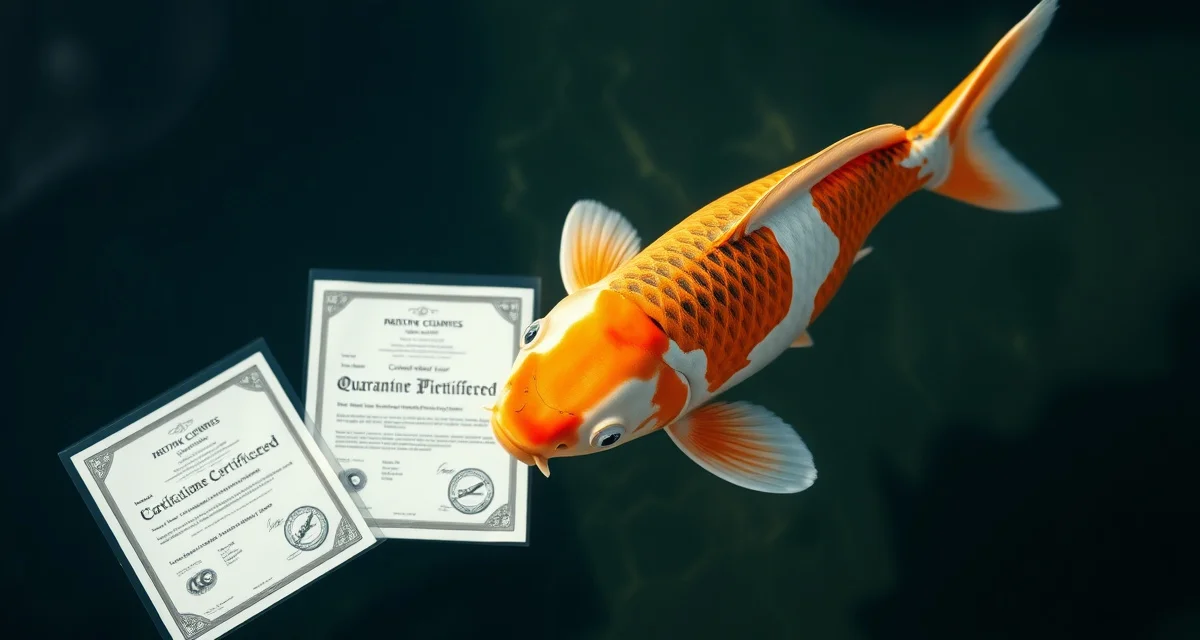 Health documentation supports premium koi pricing strategy Premium koi fish with health documentation and quarantine certification papers demonstrating compliance justification for dealer pricing