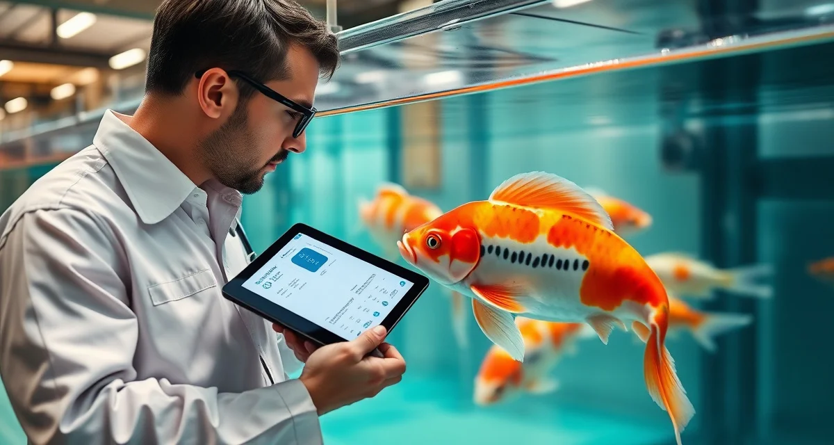 Real-time koi quarantine communication system for dealers Koi dealer sharing quarantine progress updates with customer using real-time health analytics dashboard on tablet