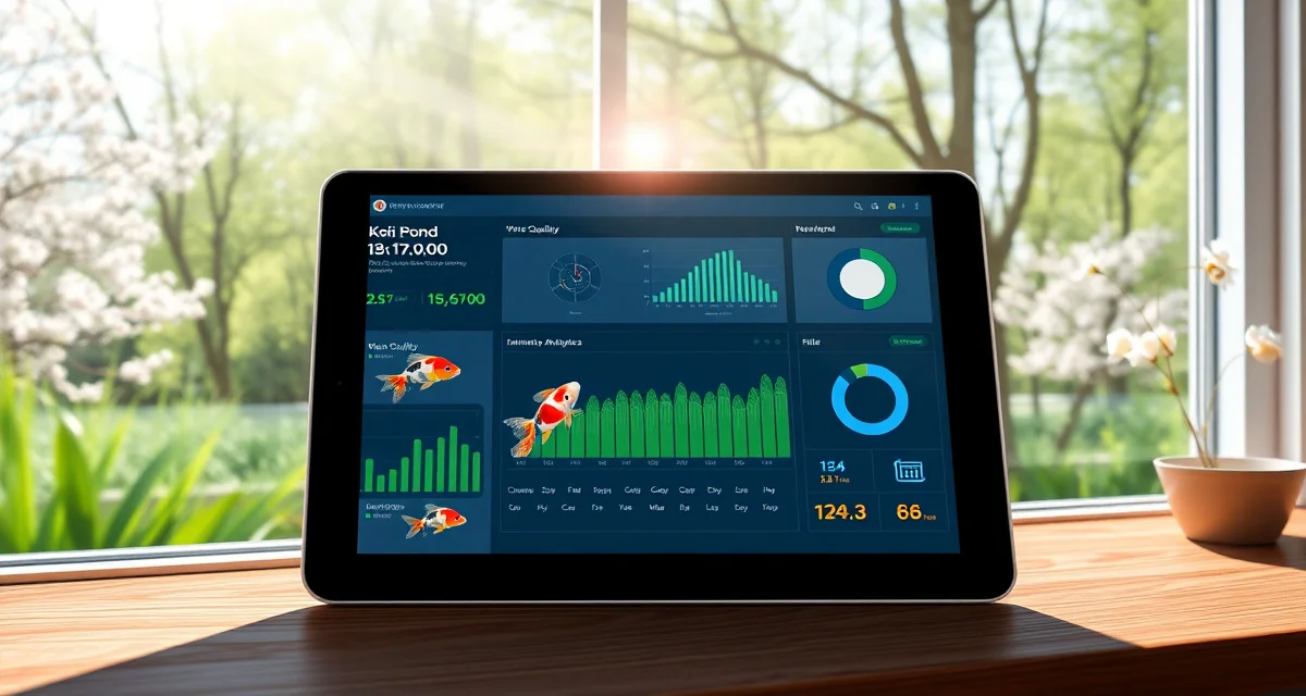 Vermont koi pond health management software interface Koi dealer software dashboard showing water quality analytics and fish health monitoring for Vermont pond management systems