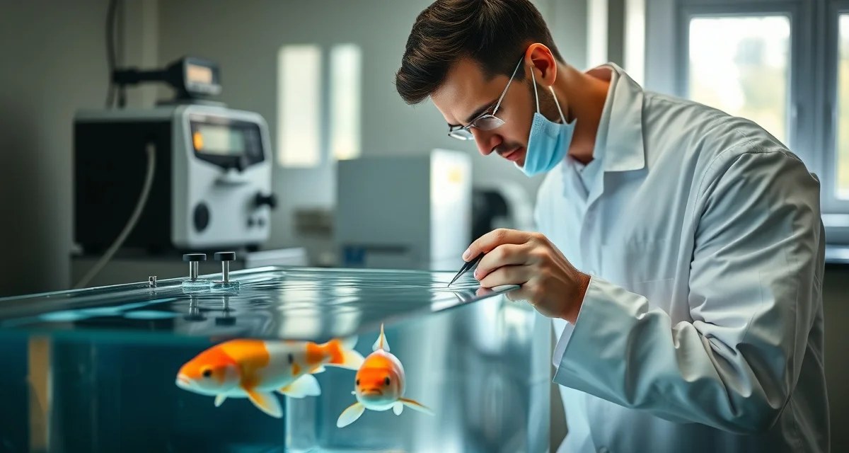 Structured disease screening examination process for koi health assessment Koi disease screening protocol inspection showing proper visual examination technique for detecting early-stage bacterial infections and gill disease in new fish introductions.