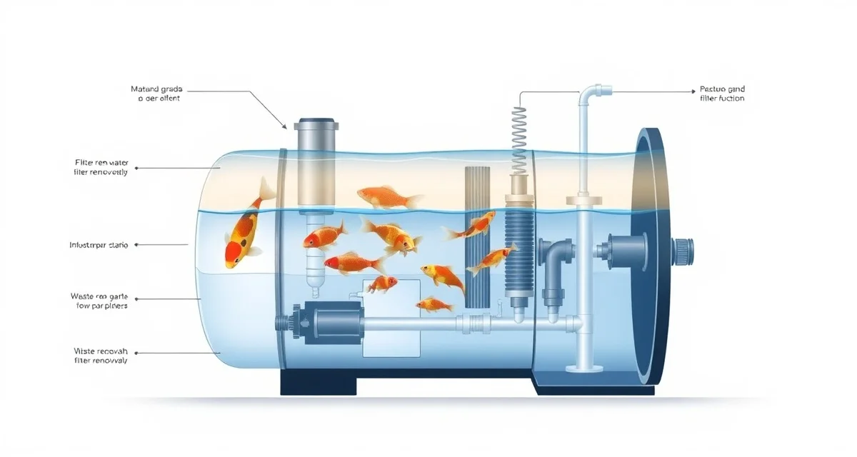 Drum Filter System Diagram Cross-section diagram of a koi pond drum filter showing water flow and mechanical waste removal process for optimal pond filtration.