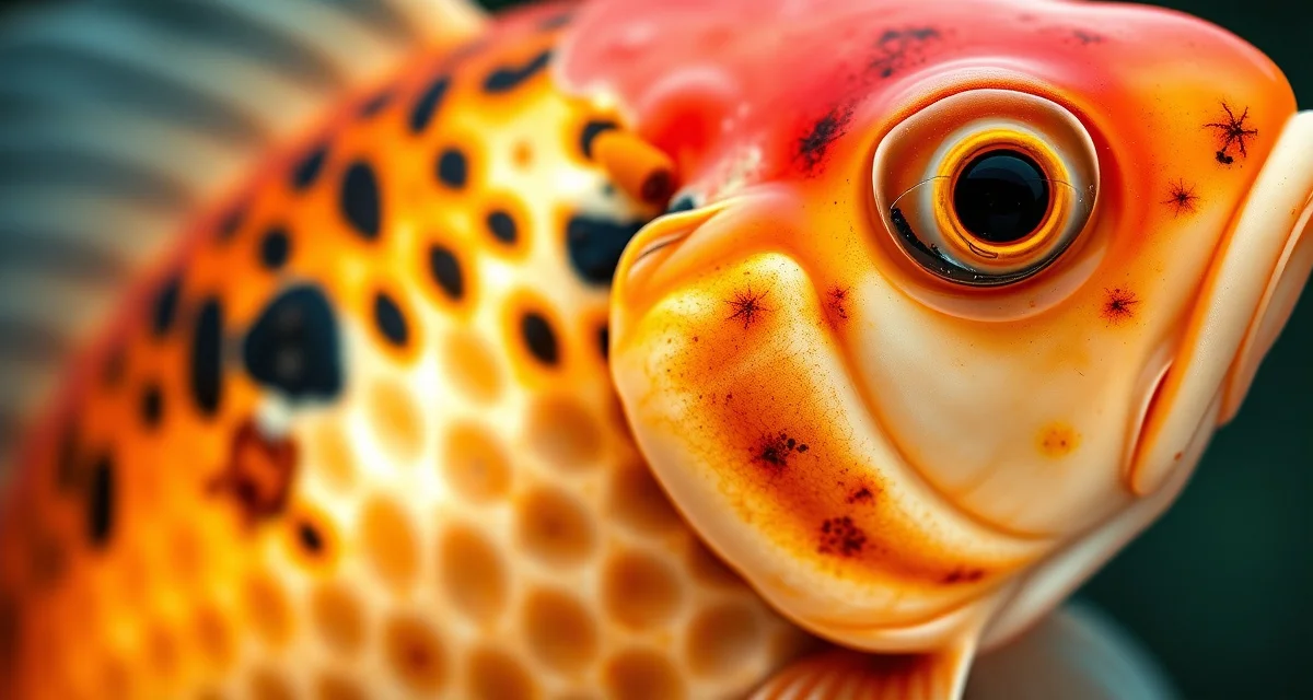 External parasite identification on koi fish skin Close-up microscopic view of koi fish skin displaying external parasites including ich, anchor worms, and copepods for disease identification