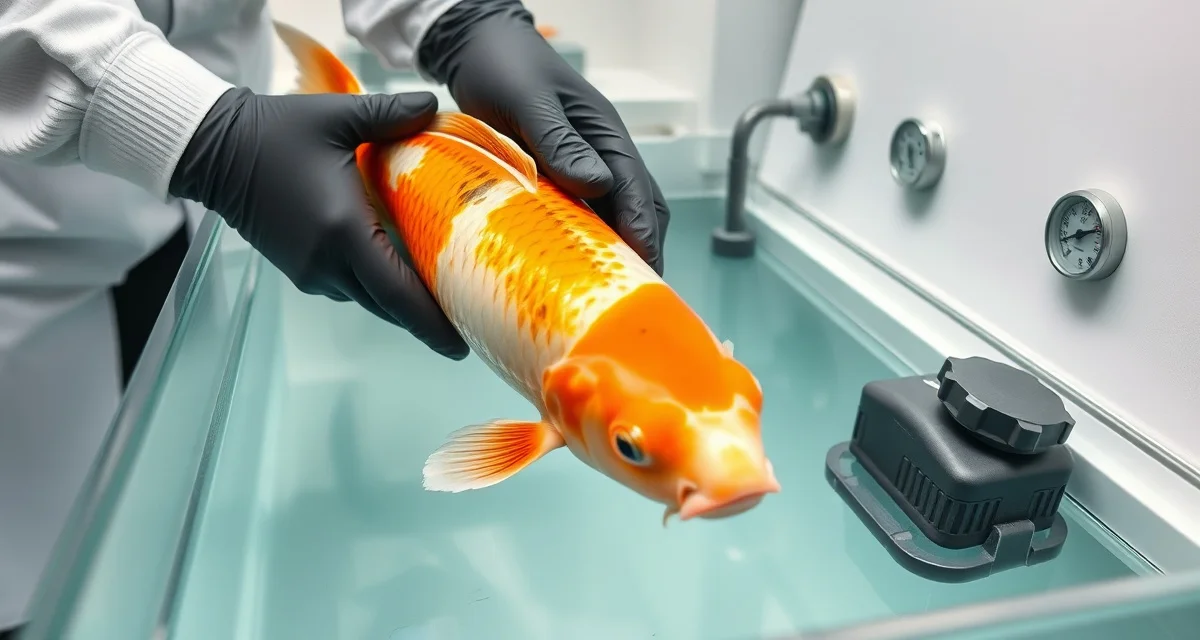 Professional koi fish quarantine acclimation technique Koi fish acclimation process showing careful handling during new arrival quarantine protocol with proper water quality monitoring