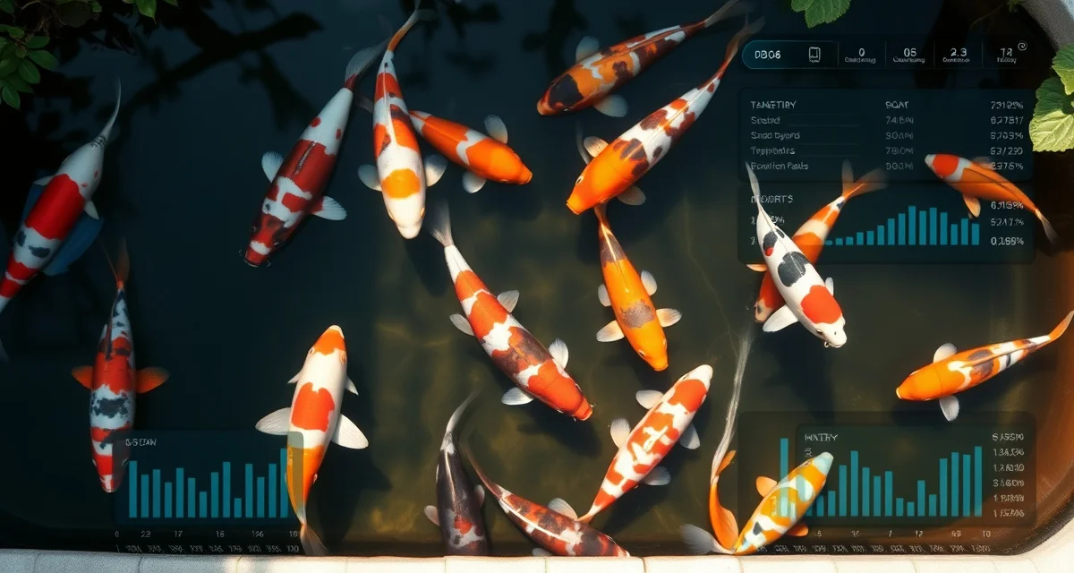 Digital koi inventory tracking dashboard Koi pond fish inventory management system tracking individual fish health records and purchase data for dealers and collectors.