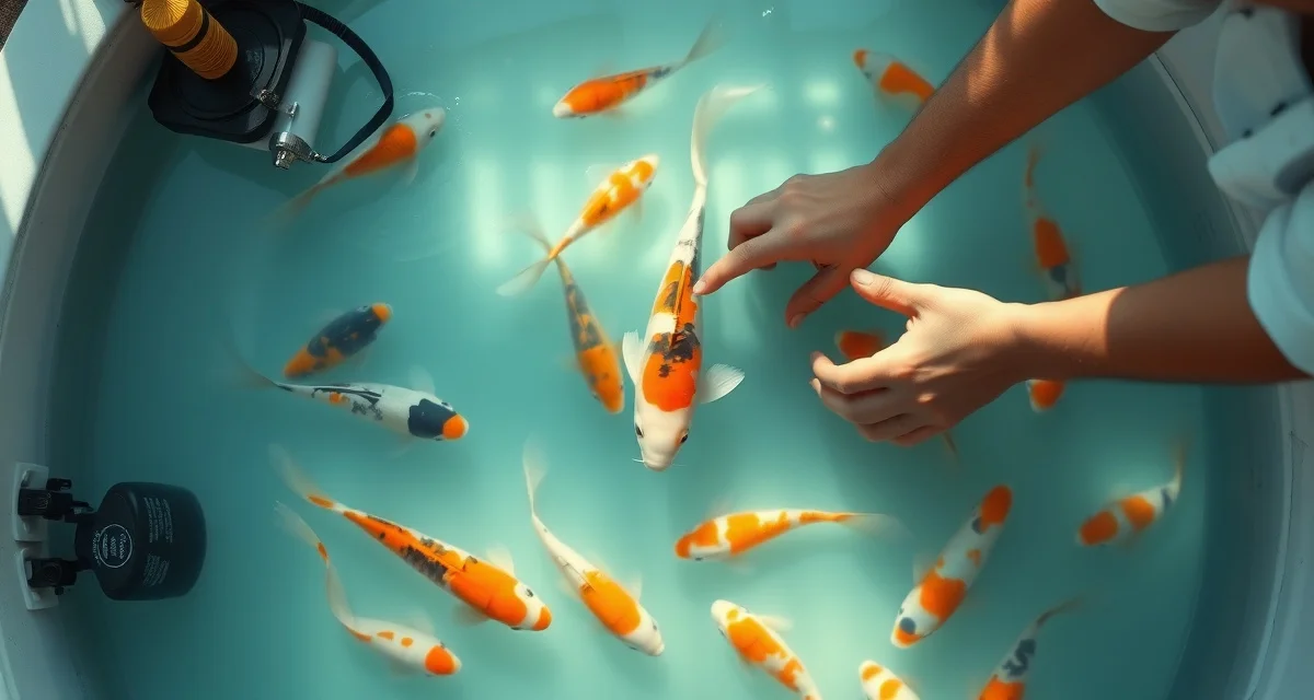 Professional koi fry culling and selection in breeding tank Koi breeder performing selective culling on premium fry in breeding tank using professional aquaculture techniques and quality assessment methods