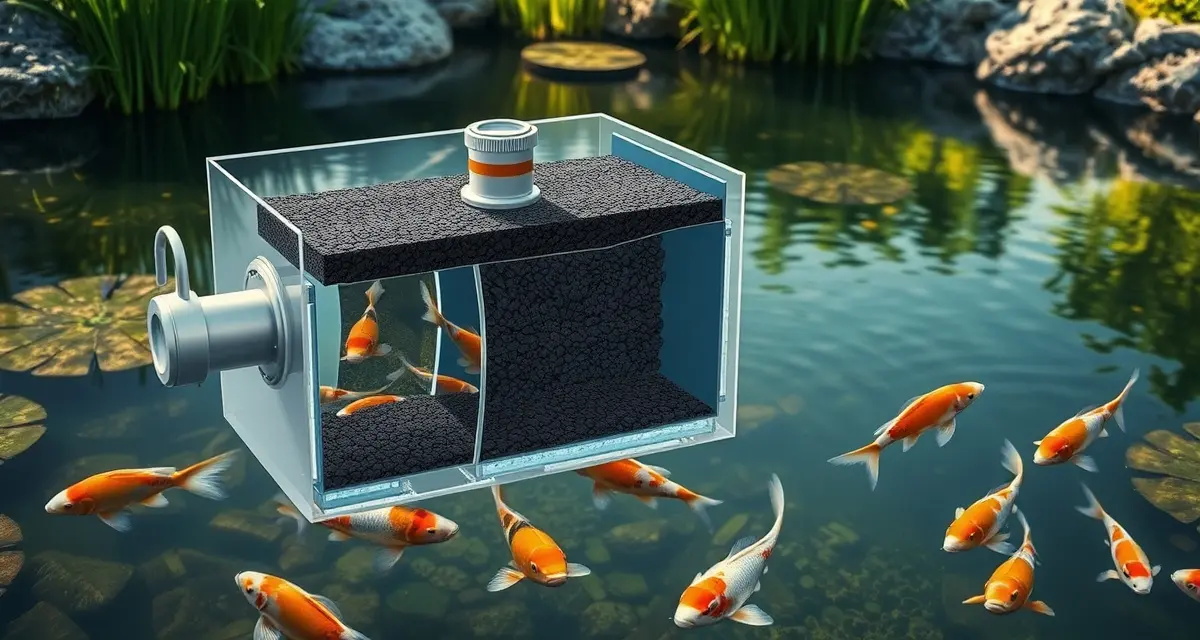 How activated carbon works in koi pond filtration Activated carbon filtration system in koi pond filter showing water treatment and medication removal process