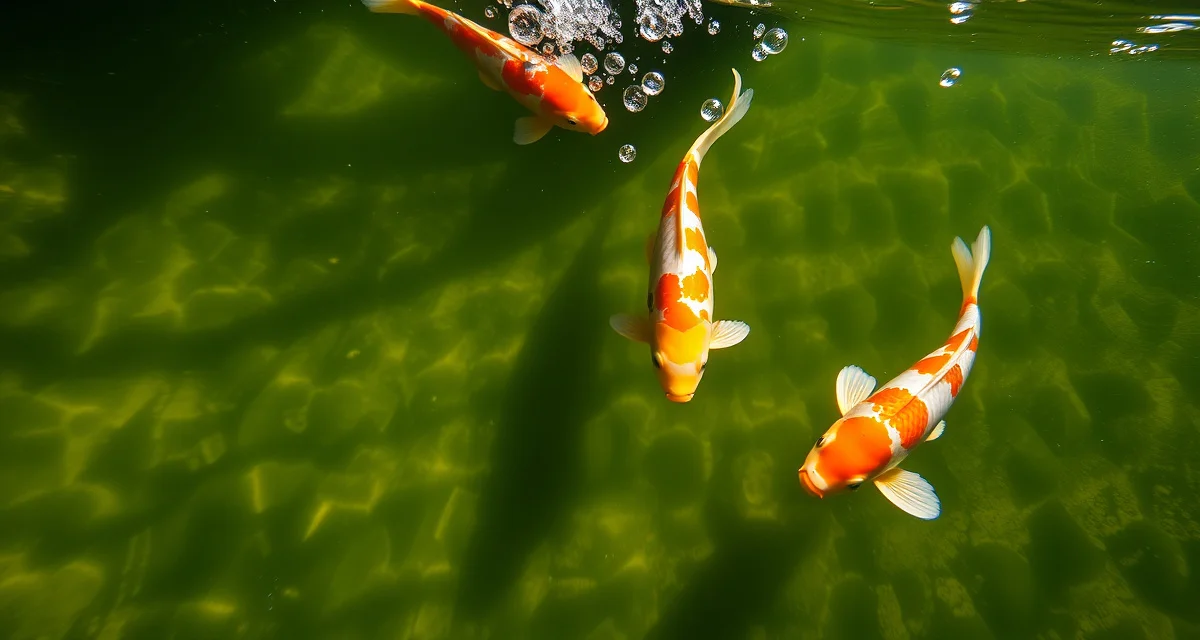Algae bloom effect on koi pond oxygen and fish survival Koi pond with algae bloom showing water quality impact on fish health and oxygen levels in aquatic environment