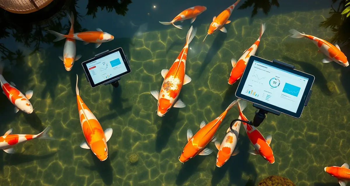 Advanced koi pond management analytics platform Serious koi hobbyist using water quality analytics app to monitor multiple pond parameters and fish health data on digital dashboard