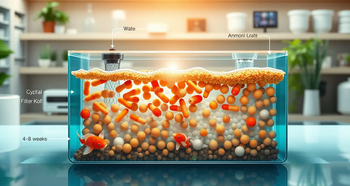 Biological filter cycling process for koi ponds Koi pond biofilter cycling diagram showing ammonia conversion to nitrate over 4-8 weeks with bacterial colonization stages