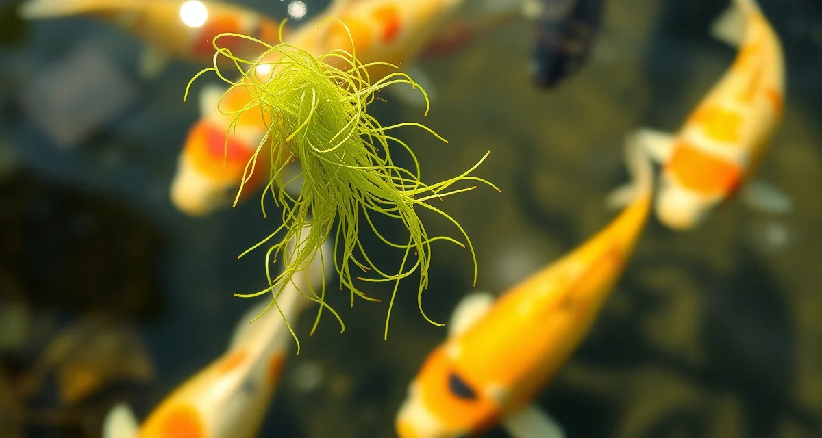 Filamentous algae growth in koi water Close-up view of blanketweed filamentous algae growth in koi pond water showing stringy green algae texture