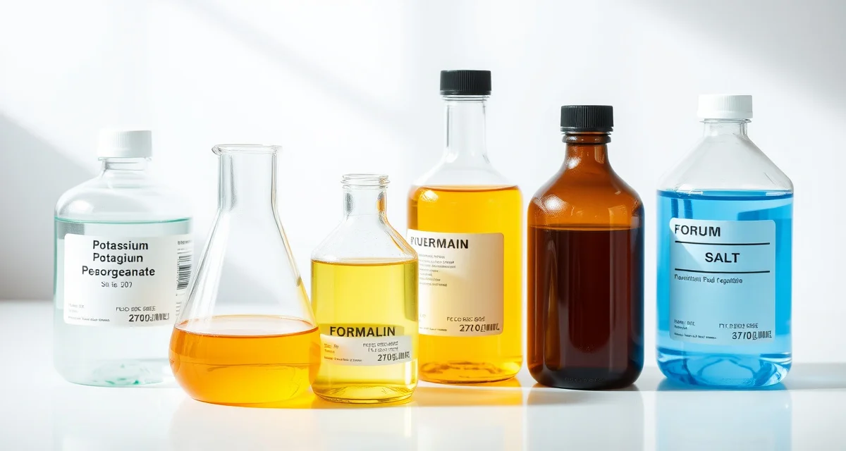 Safe chemical storage for koi pond treatments Koi pond treatment chemicals including potassium permanganate, formalin, and salt arranged safely to prevent dangerous chemical interactions