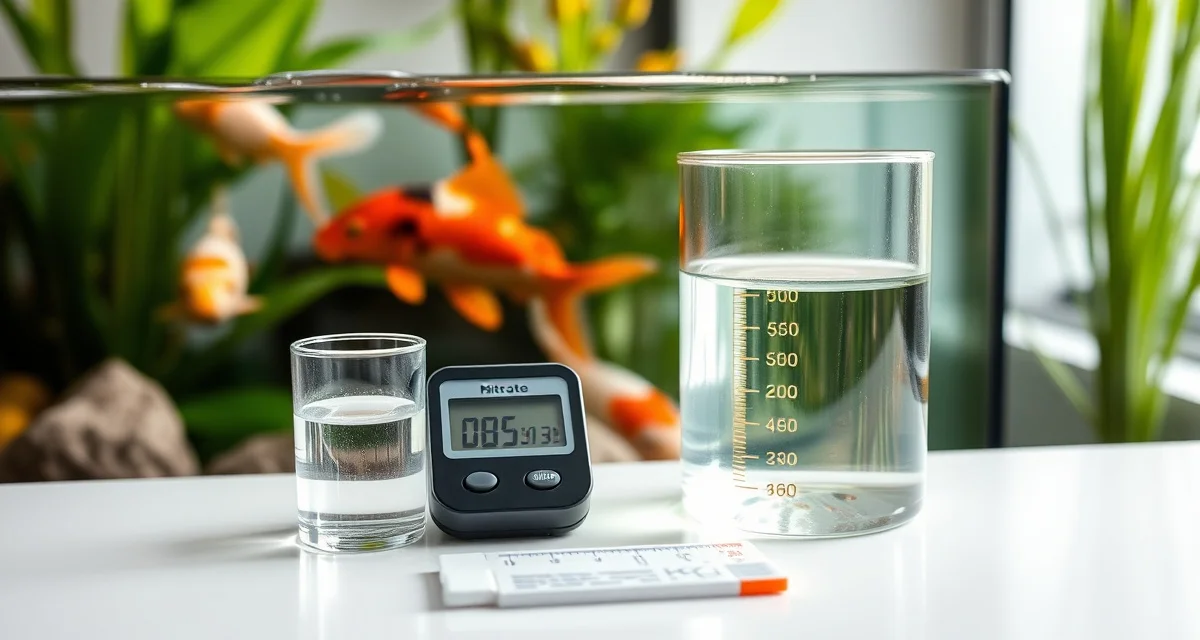 Koi pond nitrate level testing and water quality control Nitrate testing kit and water quality measurement tools for koi pond management and fish health monitoring