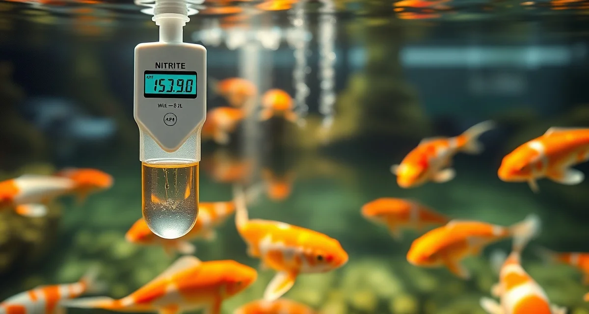 Nitrite testing and water quality management for koi ponds Koi pond nitrite testing kit showing safe water quality levels for healthy fish in home aquariums