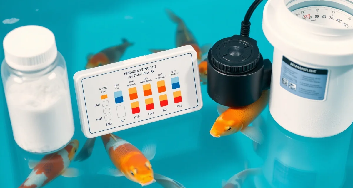 Emergency nitrite spike response protocol for koi ponds Koi pond nitrite spike emergency treatment setup showing salt dosing and aeration equipment for emergency water quality management.