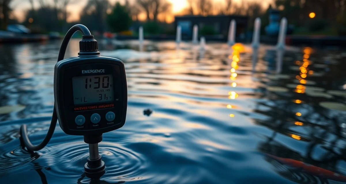 Emergency response to oxygen depletion in koi ponds Koi pond oxygen crisis with dissolved oxygen meter showing critically low levels and emergency aeration equipment active