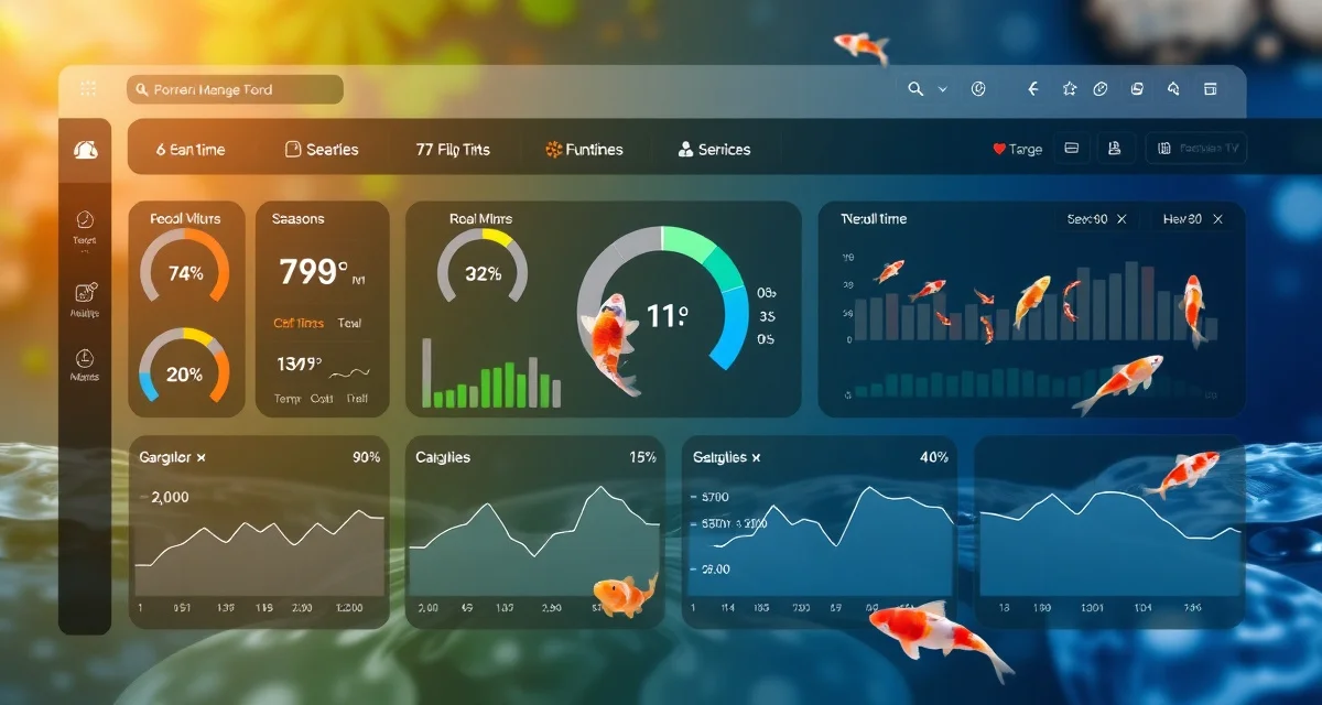Michigan koi dealer software for seasonal pond management Koi pond water quality analytics dashboard showing seasonal management data for Michigan dealers with temperature and fish health metrics.