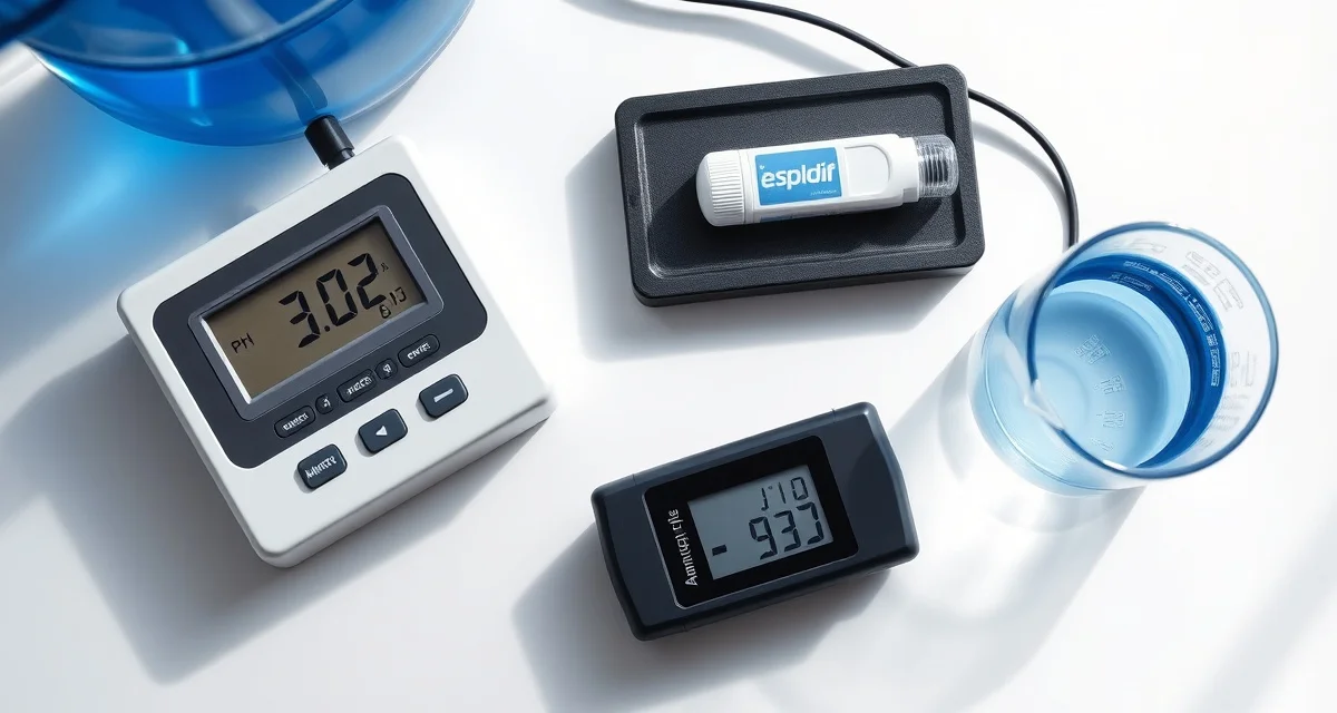 Professional koi water quality testing setup Digital water chemistry testing equipment for koi pond analysis including pH meter and ammonia test kit with water samples