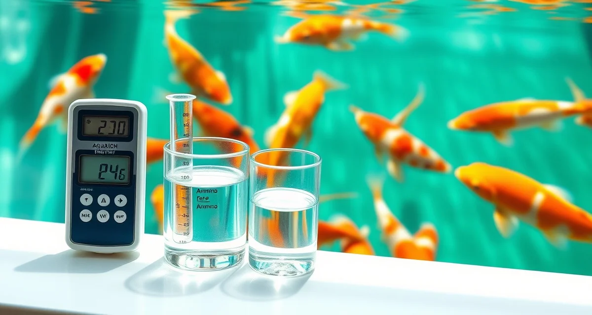 Professional water quality analysis for koi pond health Koi pond water quality testing equipment including pH meter and ammonia test kit for monitoring fish health parameters