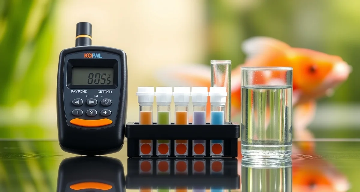 Professional water testing equipment for koi pond maintenance Koi pond water testing kit with digital meter and test strips for accurate water quality analysis and fish health monitoring