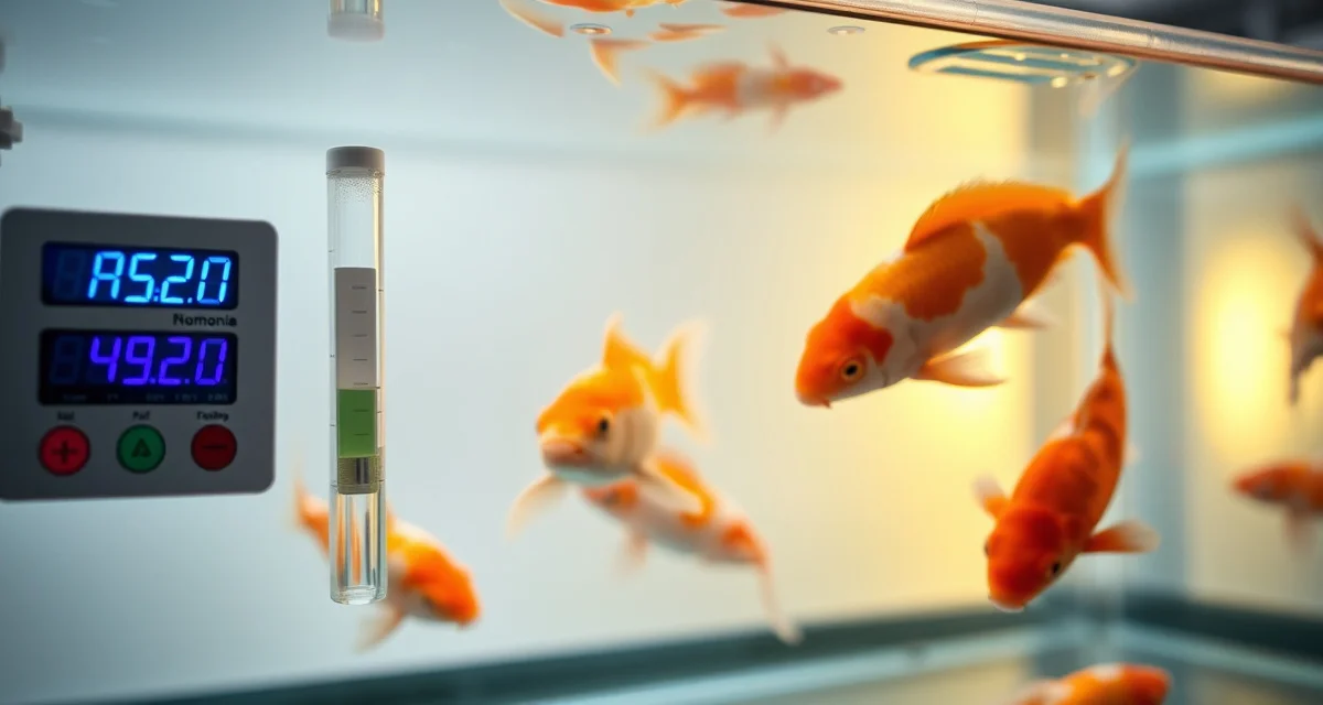 Ammonia testing during koi quarantine treatment Koi quarantine tank ammonia spike test kit showing elevated levels during antibiotic treatment with water quality monitoring equipment