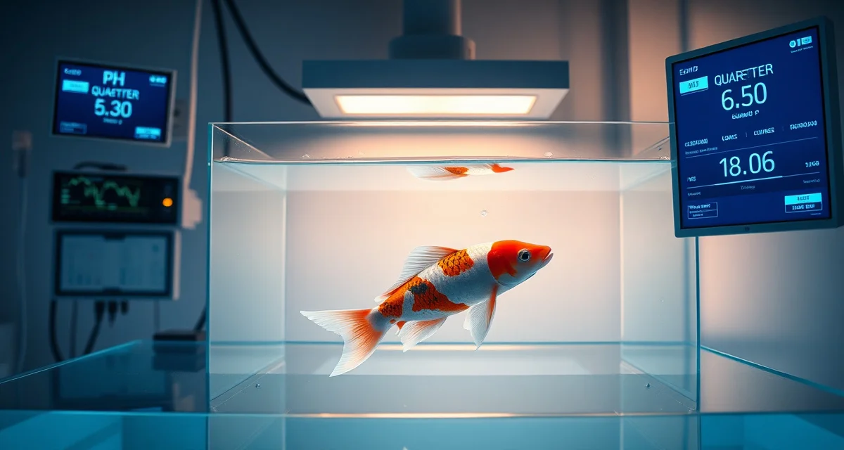 Data-driven quarantine monitoring system for koi fish health Koi fish in quarantine tank with digital water quality monitoring displaying analytics for disease prevention and health tracking