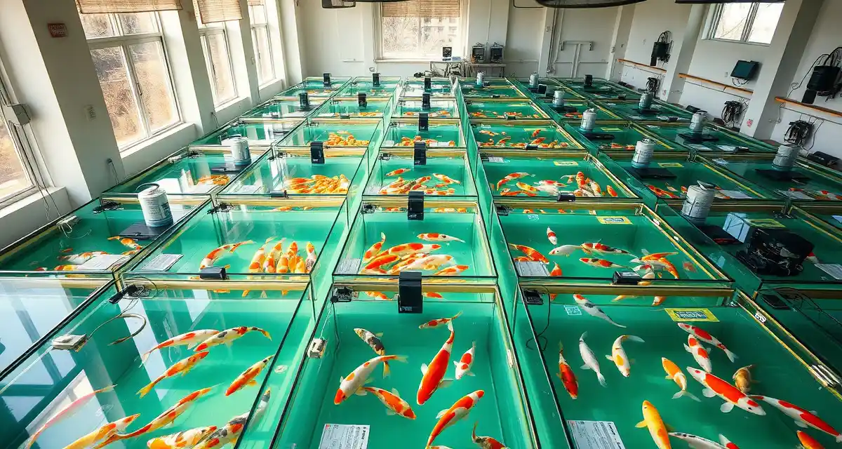 Professional multi-batch koi quarantine tank setup Multiple koi quarantine tanks organized systematically for managing different fish batches simultaneously with separate filtration and treatment protocols.