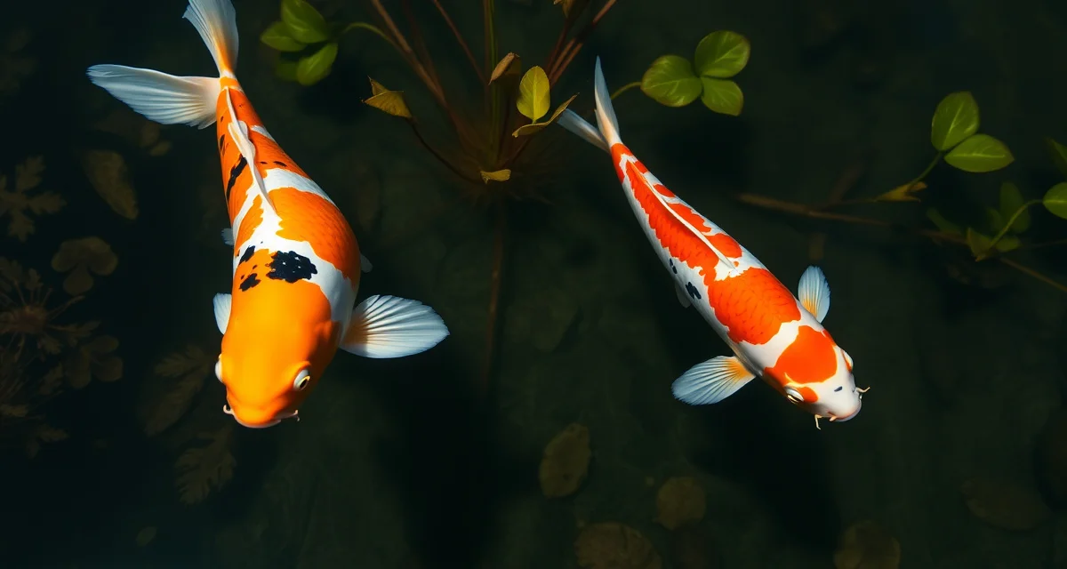 Understanding koi fish spawning behavior and risks Male and female koi fish displaying spawning behavior in pond with aquatic vegetation and clear water