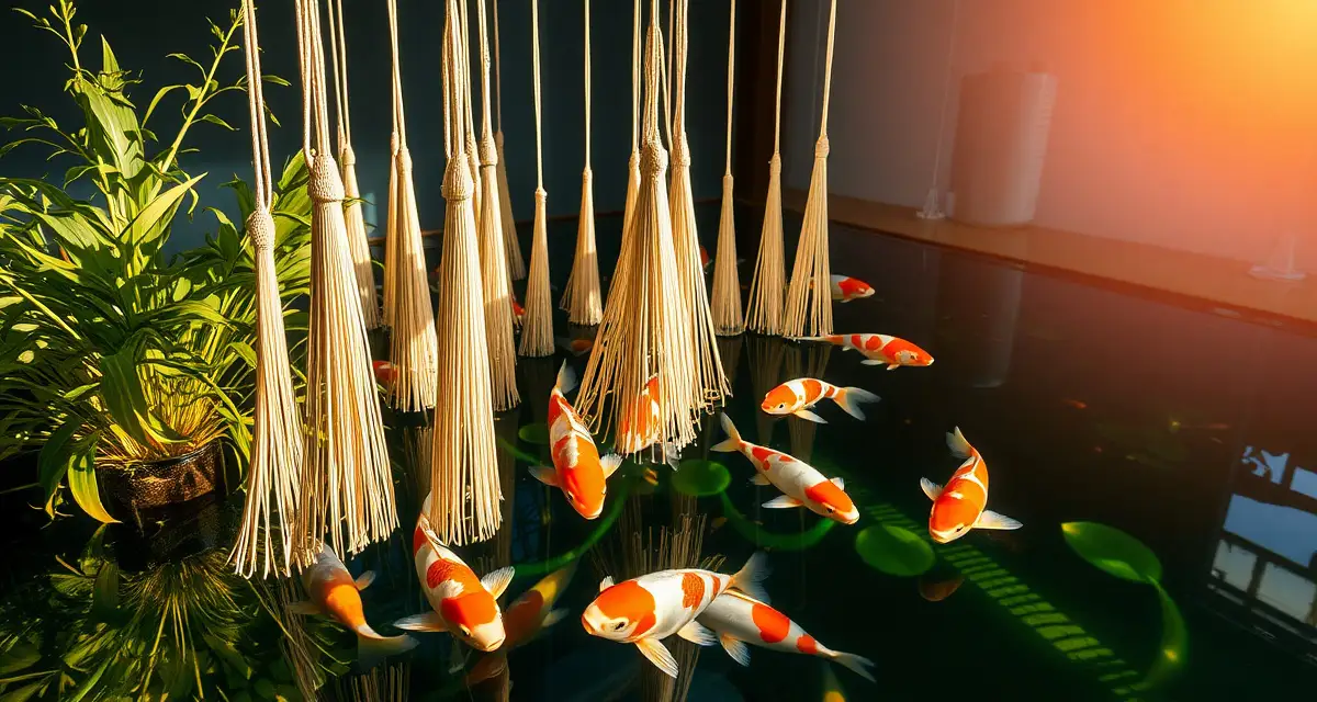 Professional koi spawning pond with egg protection equipment Dedicated koi spawning pond setup with protective spawning ropes and filtration system designed to prevent egg predation