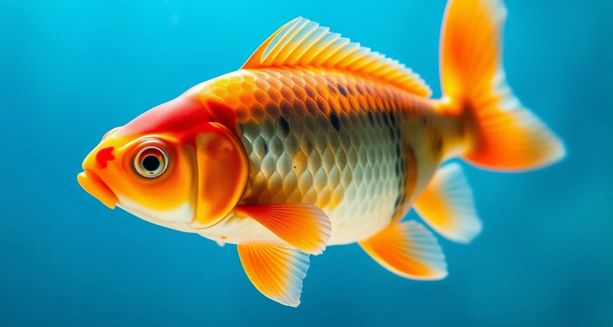 Koi fish buoyancy and swim posture assessment Koi fish swimming at an unusual angle in aquarium water, demonstrating abnormal swimming posture and buoyancy issues.