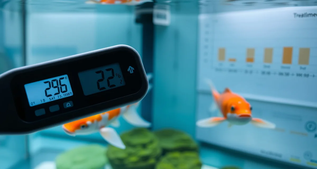 Temperature's Impact on Koi Disease Treatment Success Koi pond water temperature affects medication efficacy during disease treatment, shown with thermometer and fish health analytics