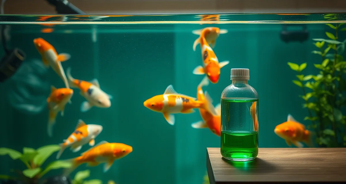 Professional koi pond malachite green treatment setup Malachite green treatment solution bottle positioned next to a clear koi pond with healthy ornamental koi fish for quarantine and parasitic disease treatment
