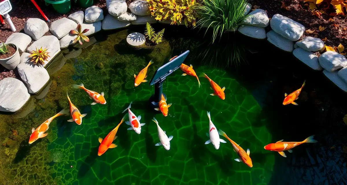 Professional koi pond management for Northeast hobbyists Clear koi pond with healthy fish and water quality monitoring equipment in Northeast garden setting