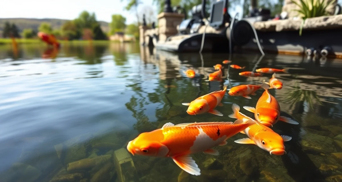 Pennsylvania koi pond regulatory compliance setup Clear koi pond with healthy fish and water quality testing equipment for Pennsylvania PFBC compliance