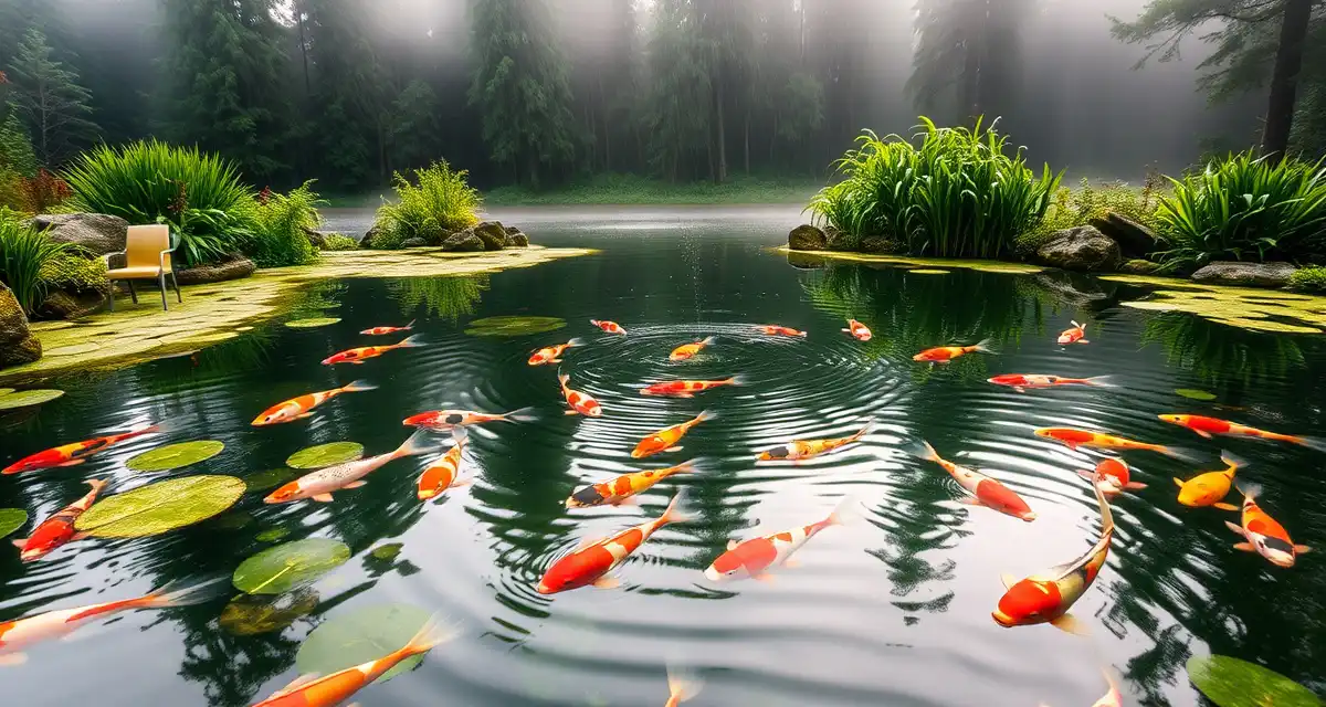 Koi pond water quality in Pacific Northwest rainfall environment Pacific Northwest koi pond with healthy fish and clear water demonstrating proper water quality management in rainy climate conditions