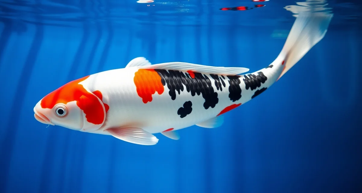 Sanke koi displaying premium pattern development Beautiful Sanke koi fish showing distinctive red, white, and black three-color pattern swimming in clear water