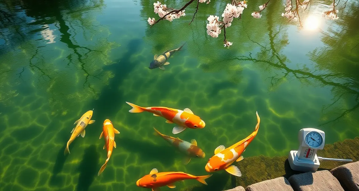 Seasonal water chemistry monitoring for koi ponds Koi pond water quality monitoring during seasonal transitions showing clear water, fish health, and testing equipment for spring chemistry changes.