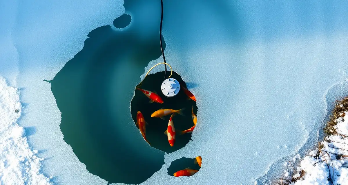 Winter pond management prevents toxic gas buildup Frozen koi pond with de-icer creating open hole in ice for winter gas exchange and fish safety monitoring